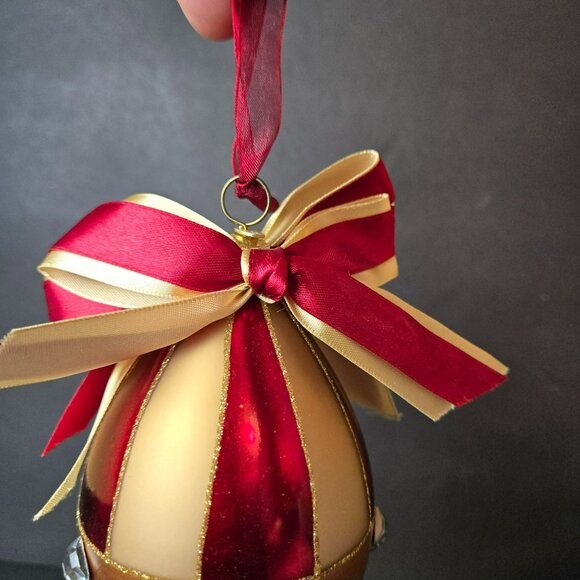 Frontgate Red Gold Drop Ornament With Ribbon And Crystal Accent 8" Hanging Decor - Picture 3 of 7